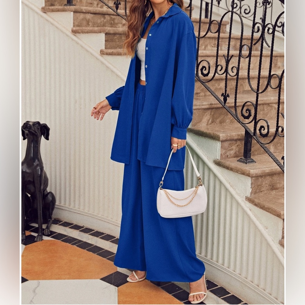 Frenchy  Drop Shoulder Button Front Blouse & Wide Leg Pants - Picture 6 of 8